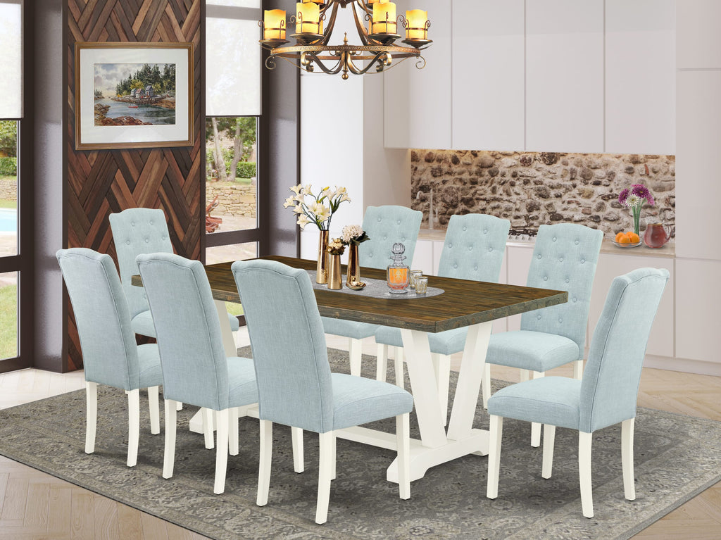 V077C23N9-G 9-Piece Dining Ensemble with Rectangular Table & V Leg Design - Includes 8 Plush Parson Chairs in Baby Blue Upholstery, 40x72 Inches, Multi-Tone