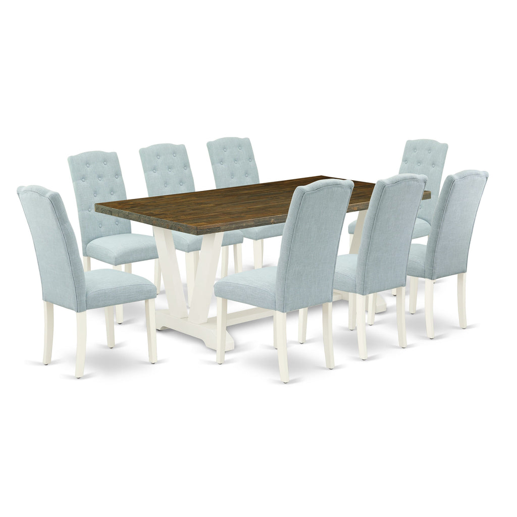 V077C23N9-G 9-Piece Dining Ensemble with Rectangular Table & V Leg Design - Includes 8 Plush Parson Chairs in Baby Blue Upholstery, 40x72 Inches, Multi-Tone