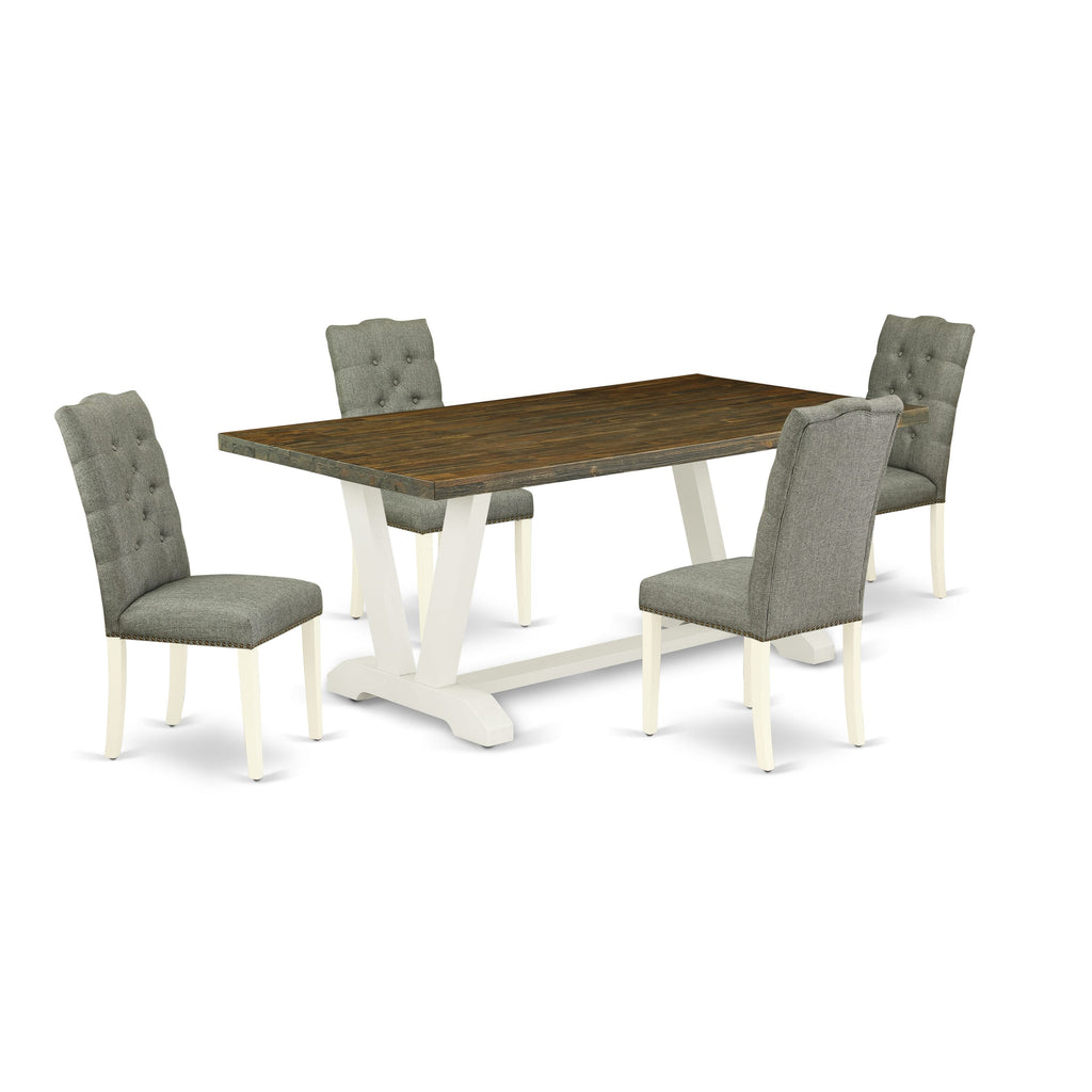 5-Piece Dining Set V077EDGDK-W Rectangle Table with V-Legs and 4 Upholstered Parsons Chairs