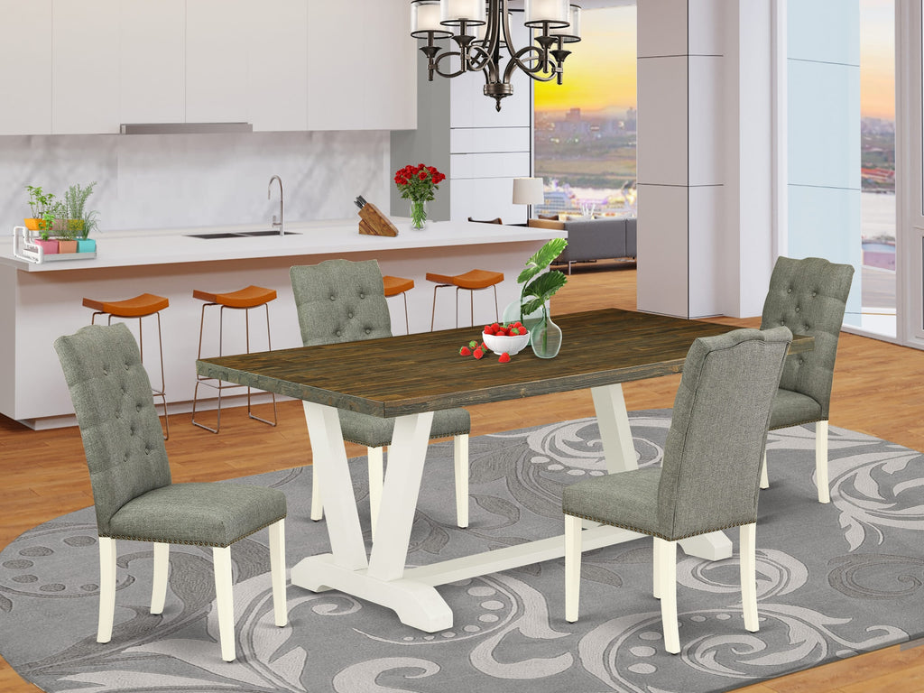 5-Piece Dining Set V077EDGDK-W Rectangle Table with V-Legs and 4 Upholstered Parsons Chairs