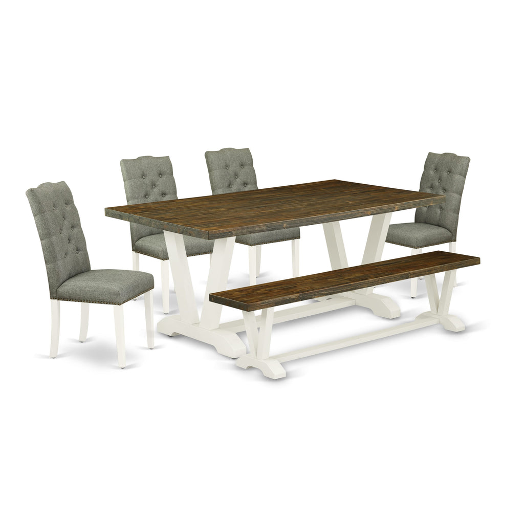 V077E8QD8-4 6-Piece Dining Ensemble with V-Legs, 4 Gray Linen Upholstered Parson Chairs, & Bench, 40x72 Inch, Multi-Color