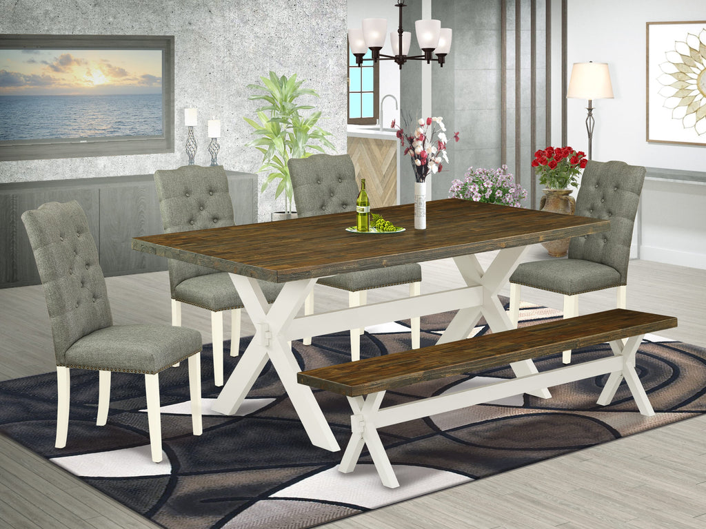 V077E8QD8-4 6-Piece Dining Ensemble with V-Legs, 4 Gray Linen Upholstered Parson Chairs, & Bench, 40x72 Inch, Multi-Color