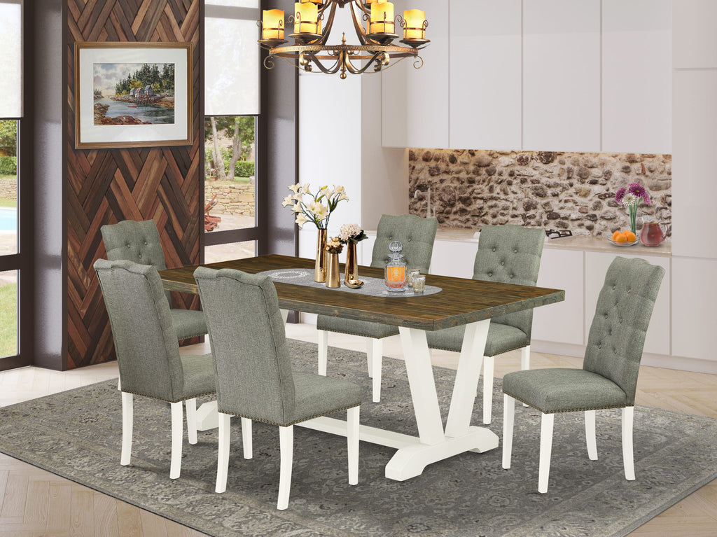 V077EIJE2-X 7pc Dining Collection Rectangle Table with V-Legs & 6 Gray Parson Chairs, Multifunctional 72'' Set
