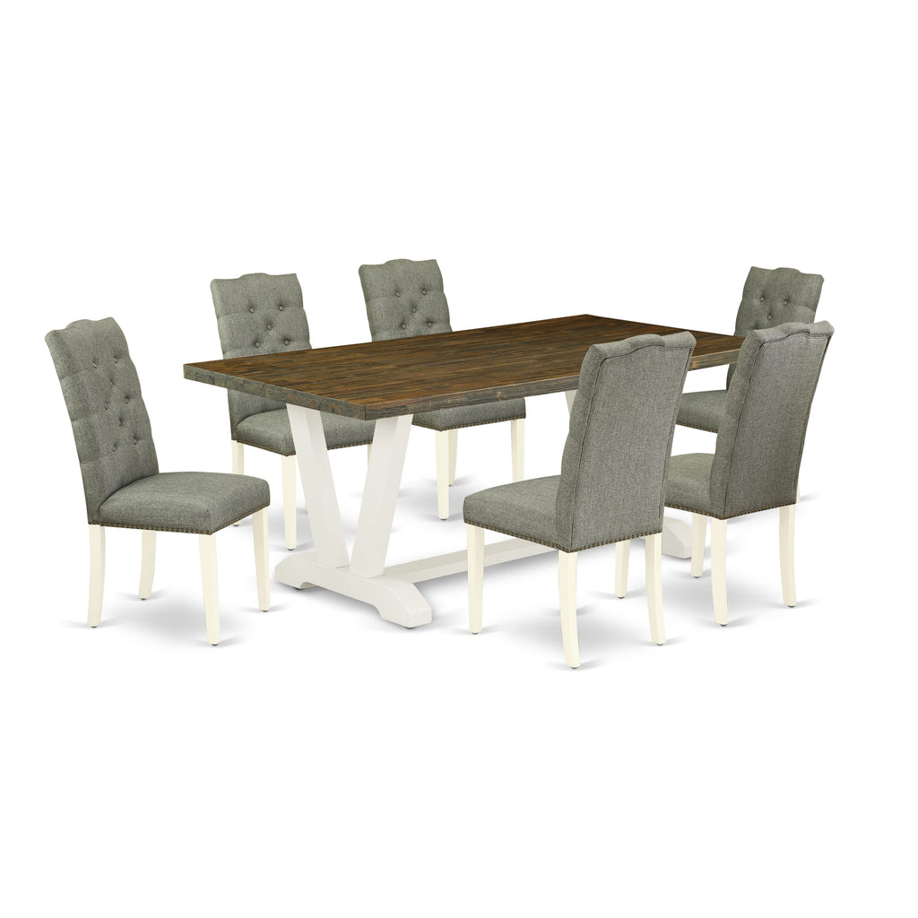 V077EIJE2-X 7pc Dining Collection Rectangle Table with V-Legs & 6 Gray Parson Chairs, Multifunctional 72'' Set