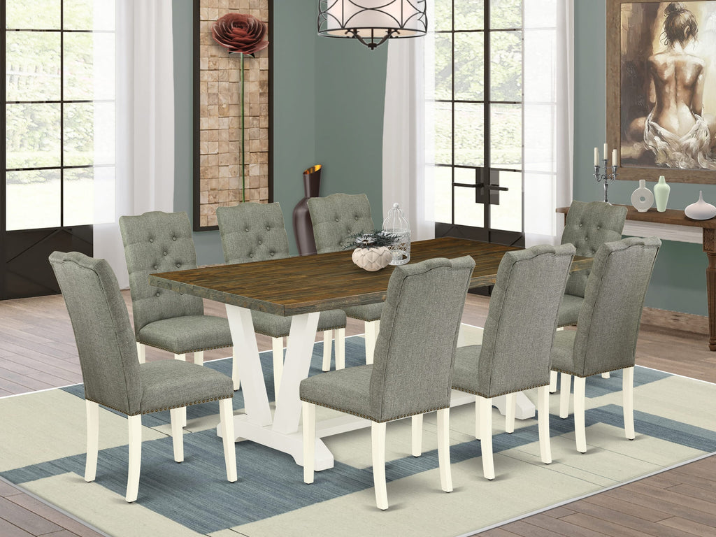 V077EJECV-3 9-Piece Dining Ensemble with V-Legged Rectangle Table & 8 Gray Parson Chairs, 40x72