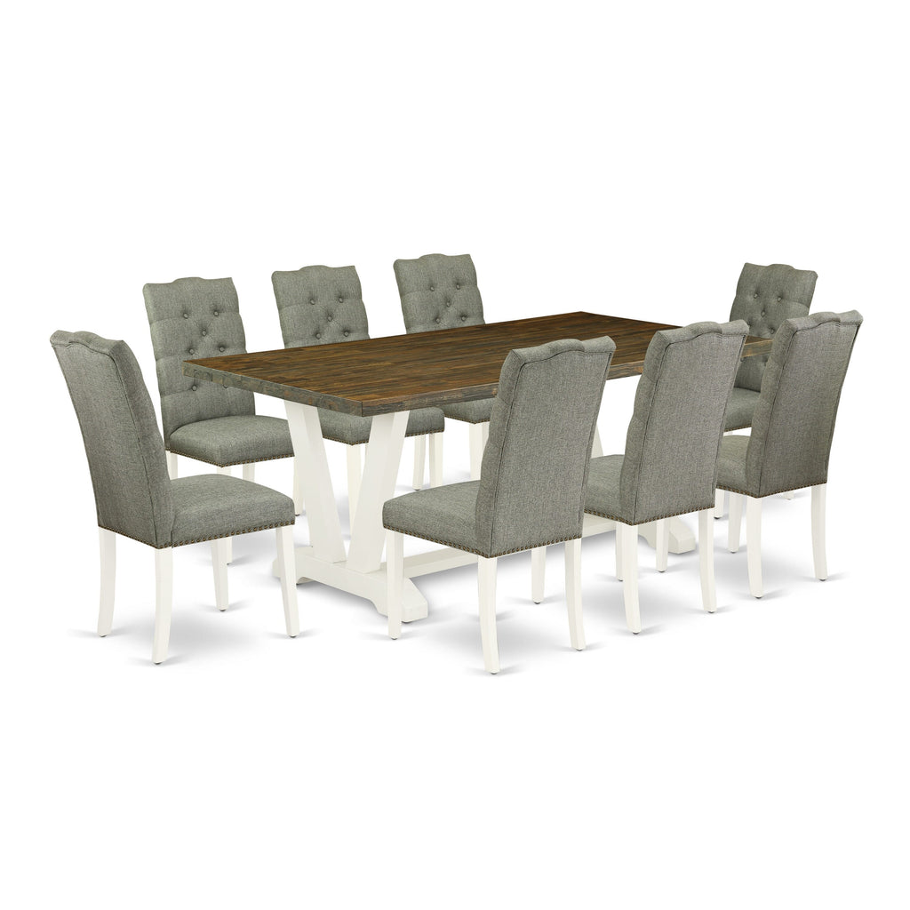 V077EJECV-3 9-Piece Dining Ensemble with V-Legged Rectangle Table & 8 Gray Parson Chairs, 40x72
