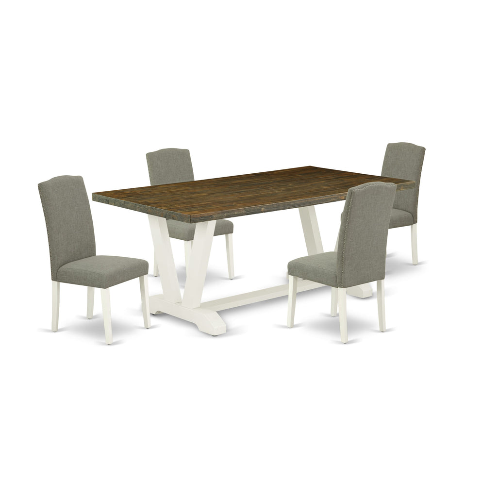 V077ENK97-W 5-Piece Dining Collection Contemporary Table Set with Bold V-Leg Design and Upholstered Chairs in Elegant Shitake, 40x72 Inch, Multi-Color