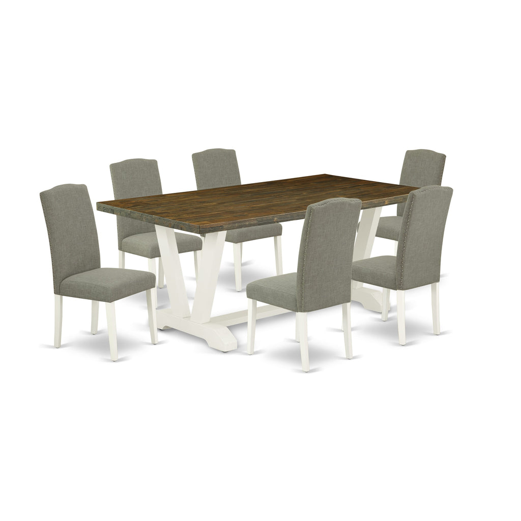 V077EPTPB-3 Rectangle Dining Table Set with V-Legs & Linen Parsons Chairs, 7 Pieces, Multi-Color, 40x72