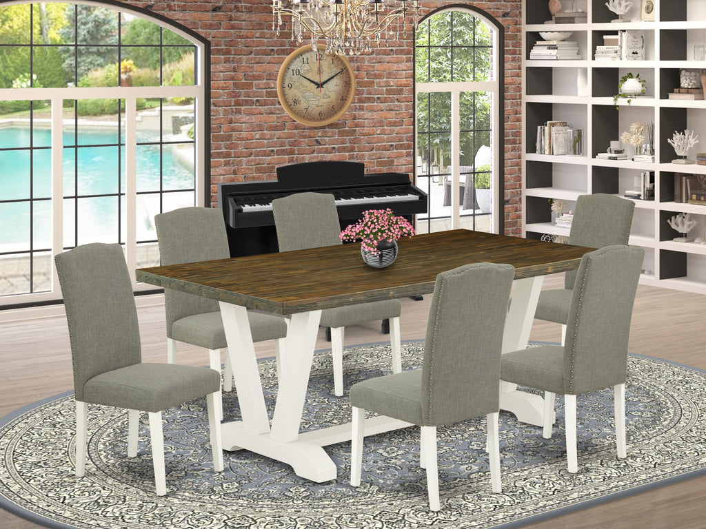 V077EPTPB-3 Rectangle Dining Table Set with V-Legs & Linen Parsons Chairs, 7 Pieces, Multi-Color, 40x72