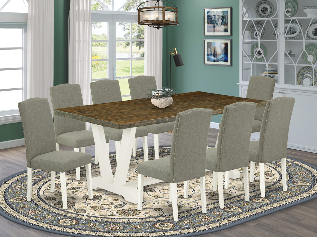 V077EZJYZ-Y 9-Piece Modern Dining Ensemble with Table and V-Leg Design Featuring 8 Plush Linen Chairs in Shitake, 40x72 Multi-Hue Set