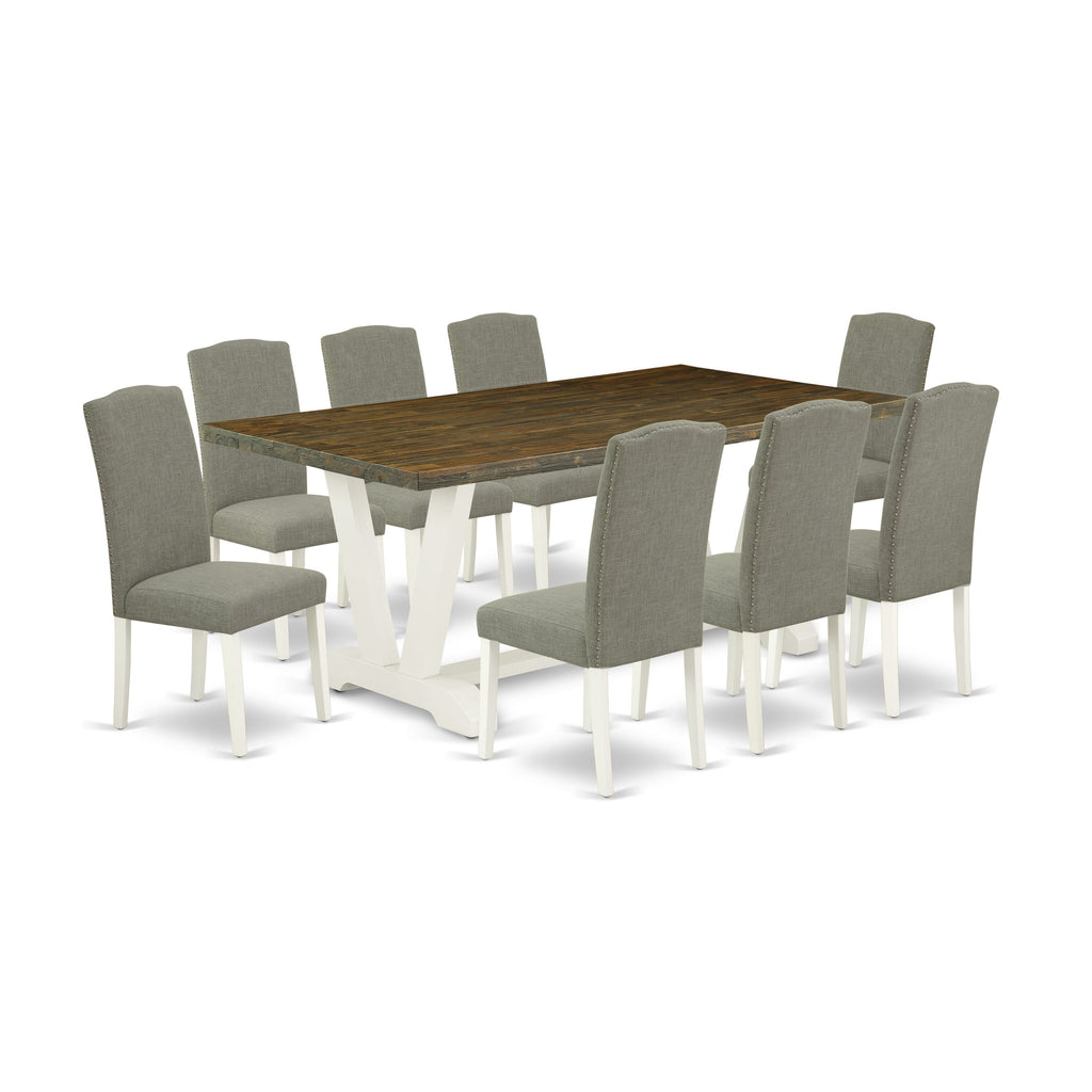 V077EZJYZ-Y 9-Piece Modern Dining Ensemble with Table and V-Leg Design Featuring 8 Plush Linen Chairs in Shitake, 40x72 Multi-Hue Set
