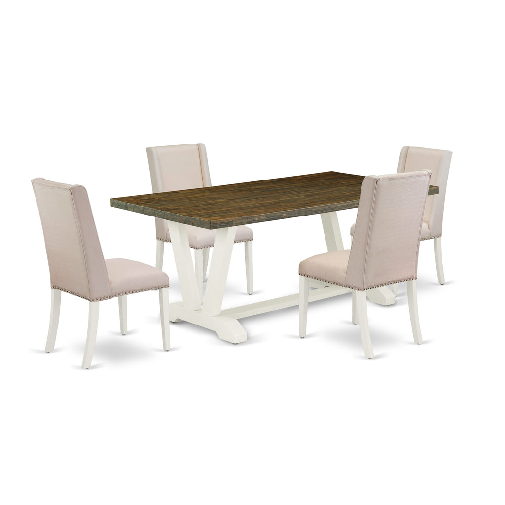 V077FNTHQ-V Dining Room Ensemble 5-Piece Set with V-Leg Table and Cream Upholstered Chairs, 40x72, Multi-Color