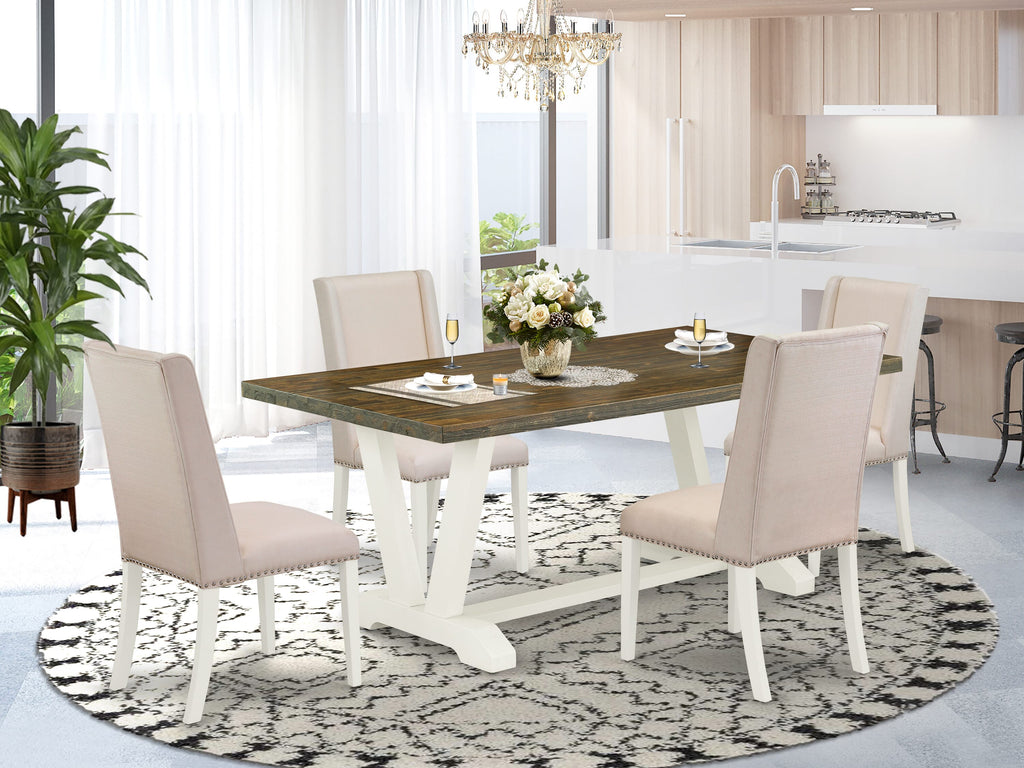 V077FNTHQ-V Dining Room Ensemble 5-Piece Set with V-Leg Table and Cream Upholstered Chairs, 40x72, Multi-Color