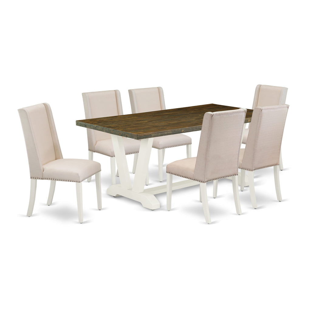 Sophisticated Dining Ensemble V077FVWBW-N 7-Piece Set with V-Leg Table & Cream Parson Chairs, Multi-Color, 72x40