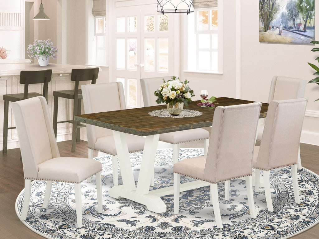 Sophisticated Dining Ensemble V077FVWBW-N 7-Piece Set with V-Leg Table & Cream Parson Chairs, Multi-Color, 72x40