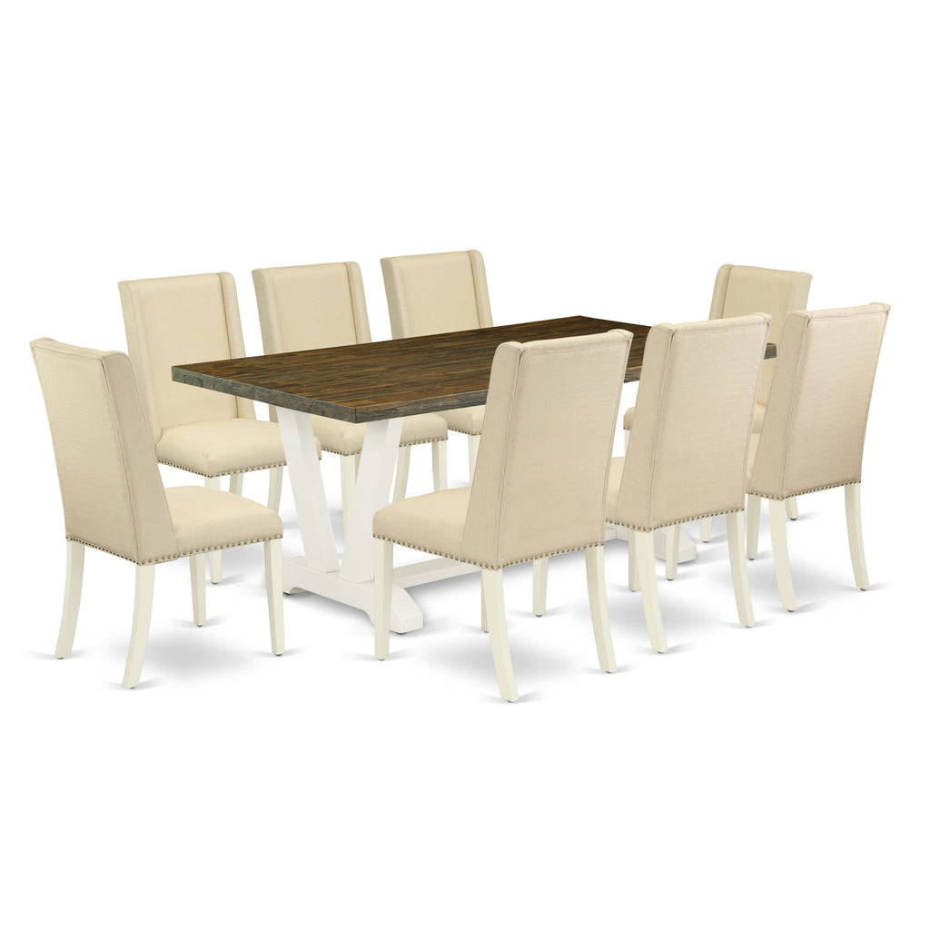 V077FAFHB-8 Premium 9-Piece Dining Ensemble with V-Base Table and 8 Cream Linen Parson Seating, Multi-Colored, 40x72 Inches