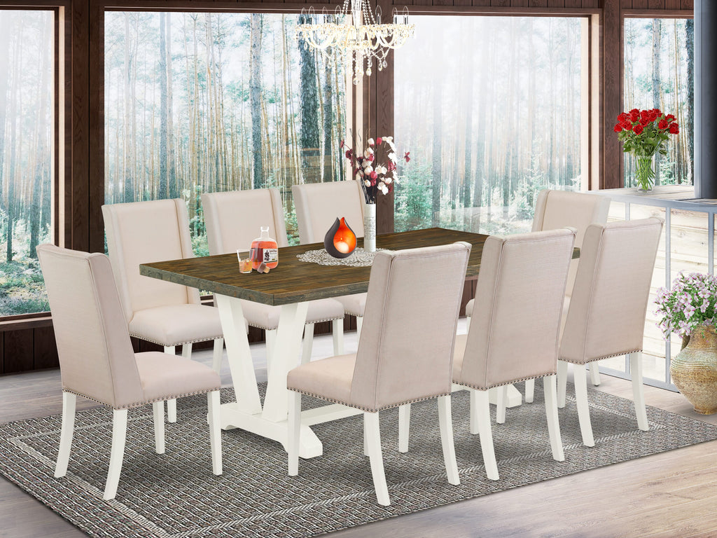 V077FAFHB-8 Premium 9-Piece Dining Ensemble with V-Base Table and 8 Cream Linen Parson Seating, Multi-Colored, 40x72 Inches