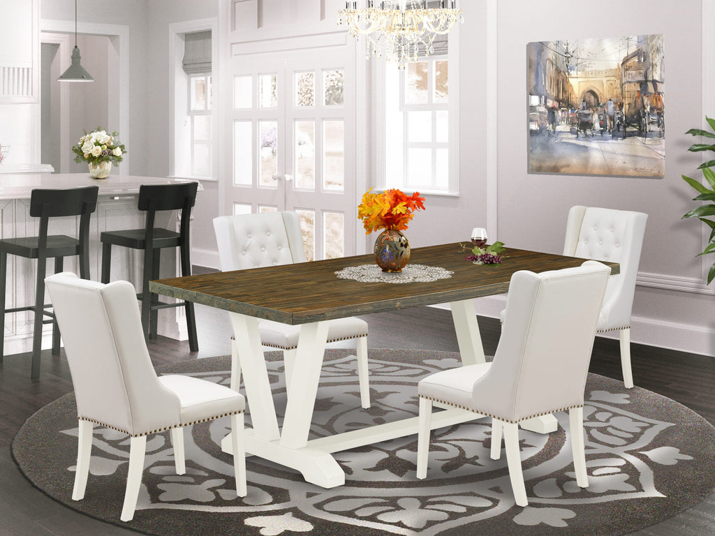 V077FHQTI-N 5-Piece Dining Set Modern Table with Stylish V Legs & 4 Cozy Light Grey Upholstered Chairs, Multi-Tone, 40x72