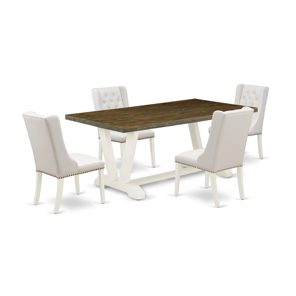 V077FHQTI-N 5-Piece Dining Set Modern Table with Stylish V Legs & 4 Cozy Light Grey Upholstered Chairs, Multi-Tone, 40x72