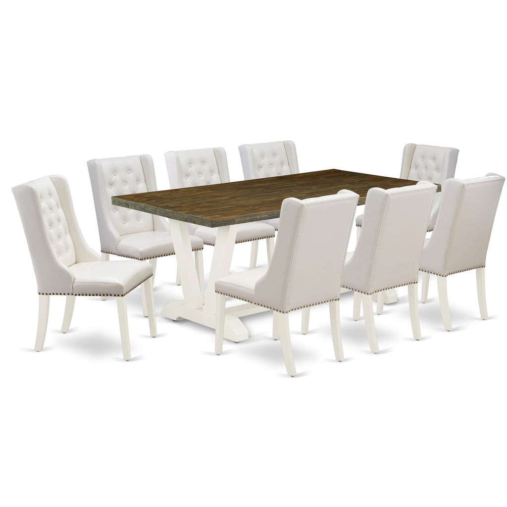 V077FH0IL-N Rectangular Dining Set 9-Piece with V-Legs and 8 Faux Leather Chairs