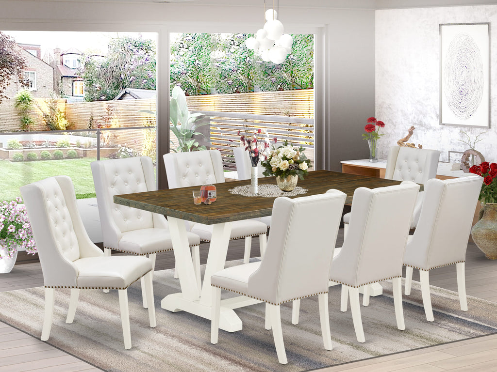 V077FH0IL-N Rectangular Dining Set 9-Piece with V-Legs and 8 Faux Leather Chairs