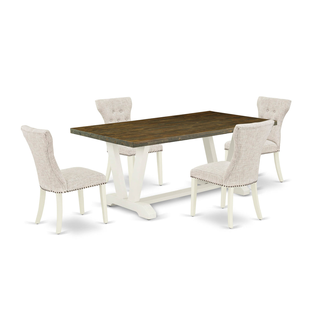 V077G3ZHE-3 5-Piece Dining Set Rectangular Table with V-Legs & 4 Doeskin Fabric Chairs, Multi-Color