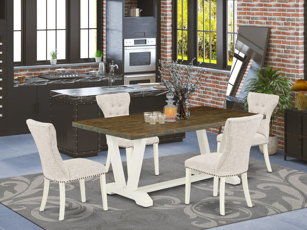V077G3ZHE-3 5-Piece Dining Set Rectangular Table with V-Legs & 4 Doeskin Fabric Chairs, Multi-Color