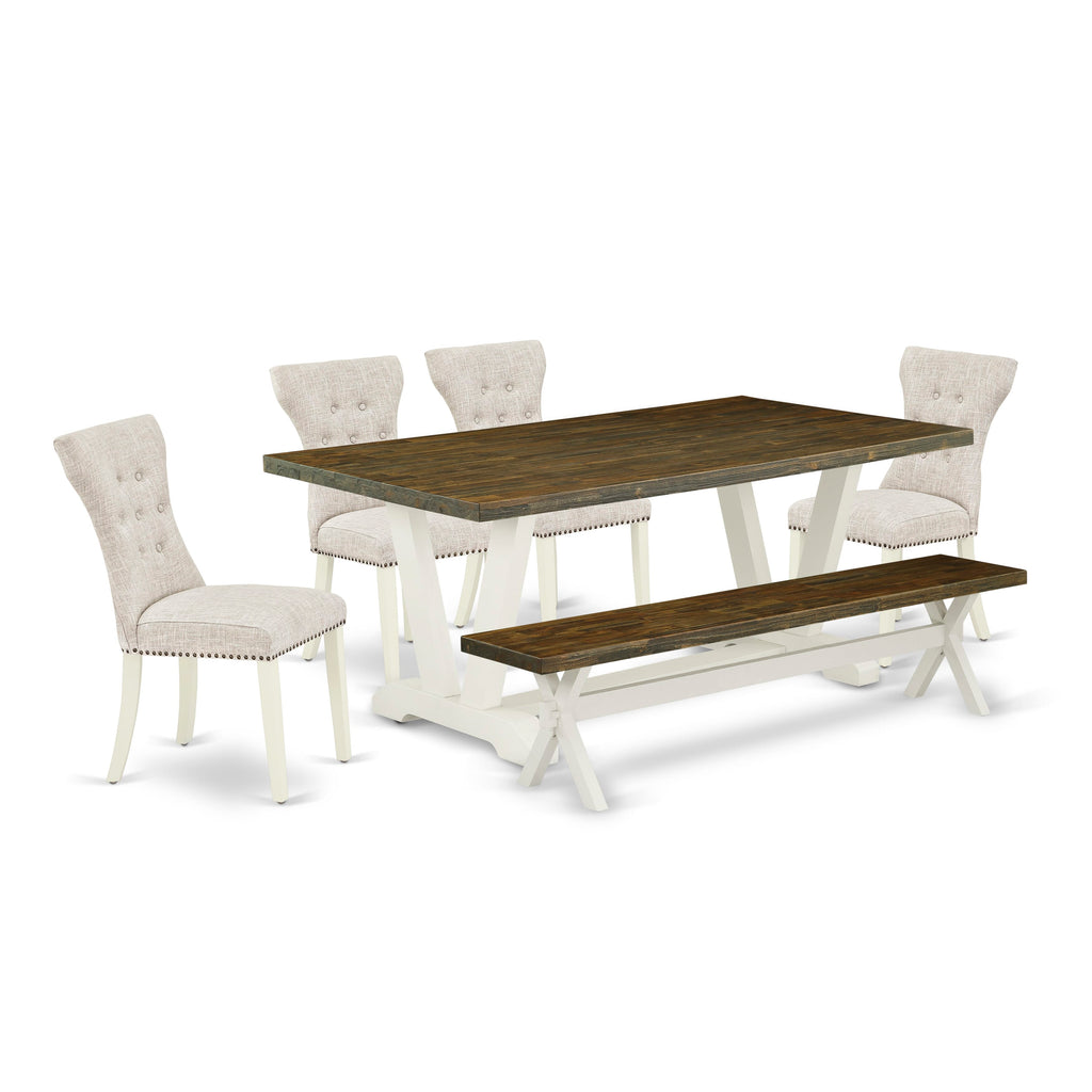 V077GLIUW-U 6-Piece Dining Set with V-Leg Table, Doeskin Linen Chairs & Bench, 40x72 Multi-Color