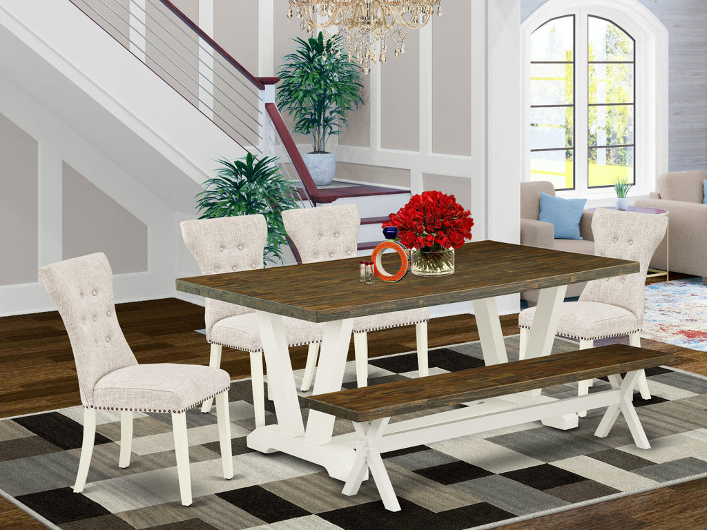 V077GLIUW-U 6-Piece Dining Set with V-Leg Table, Doeskin Linen Chairs & Bench, 40x72 Multi-Color