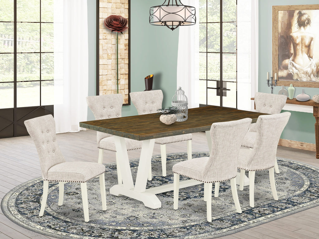 V077GAUK4-R 7-Piece Dining Ensemble with Rectangular Table & Linen Chairs in Multi-Hues