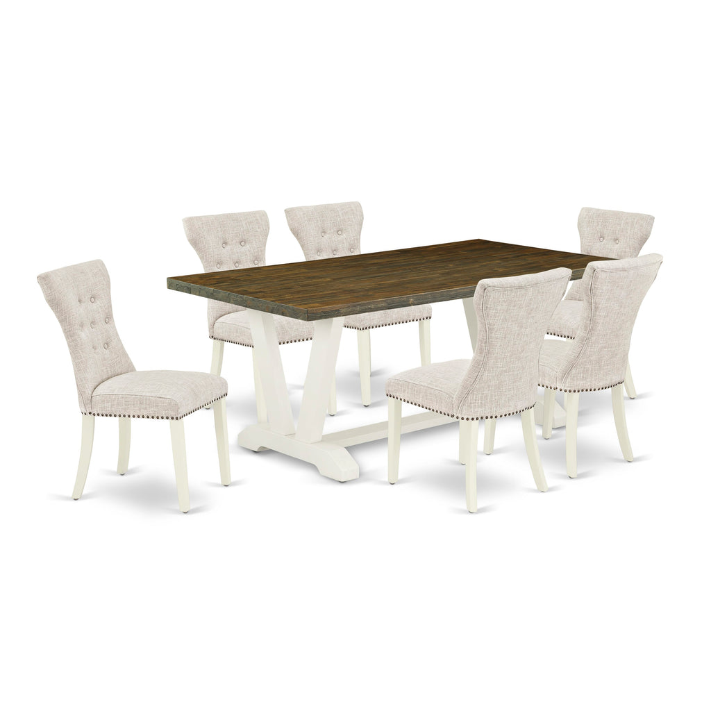 V077GAUK4-R 7-Piece Dining Ensemble with Rectangular Table & Linen Chairs in Multi-Hues