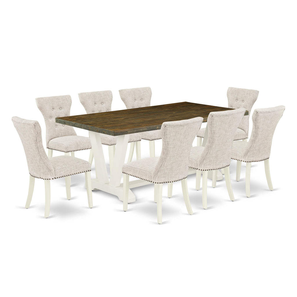 V077GB9I8-S 9 Piece Dining Table Set with V-Legged Rectangular Table & 8 Parsons Chairs, Multi-Color Linen Fabric