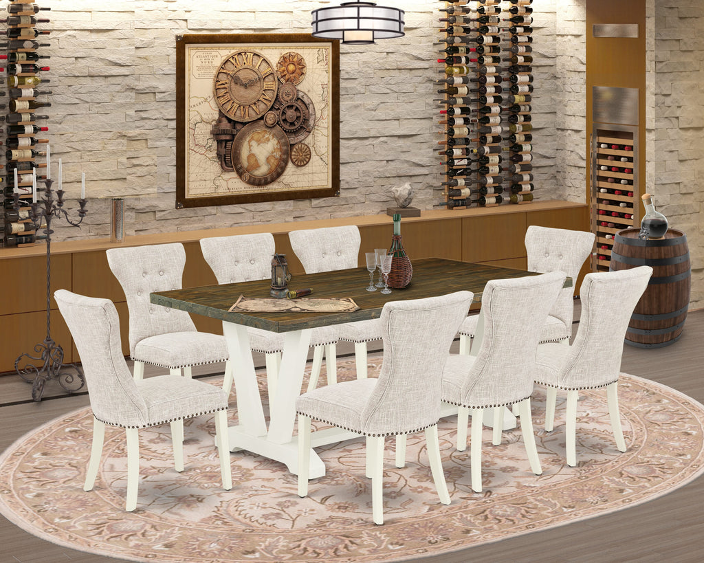 V077GB9I8-S 9 Piece Dining Table Set with V-Legged Rectangular Table & 8 Parsons Chairs, Multi-Color Linen Fabric