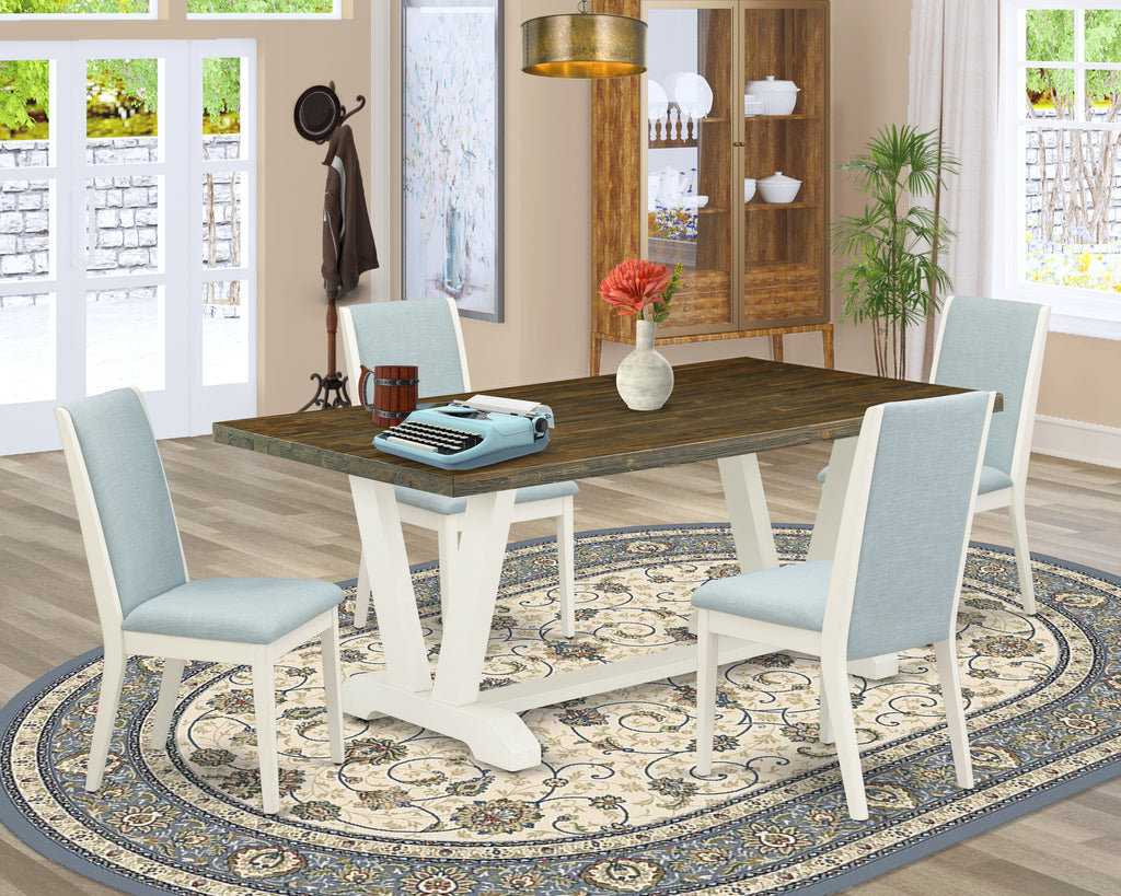 V077LFL3E-N 5-Piece Dining Suite V-Base Table & 4 Stylish Blue Upholstered Chairs, 40x72 Inch