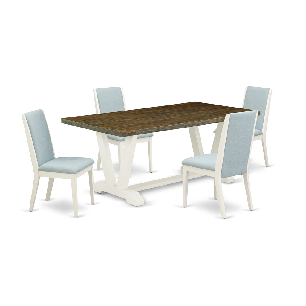 V077LFL3E-N 5-Piece Dining Suite V-Base Table & 4 Stylish Blue Upholstered Chairs, 40x72 Inch