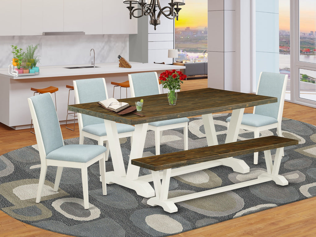 V077LNFNV-2 Stylish 6-Piece Dining Set with V-Leg Table and Baby Blue Linen Chairs, Includes Bench