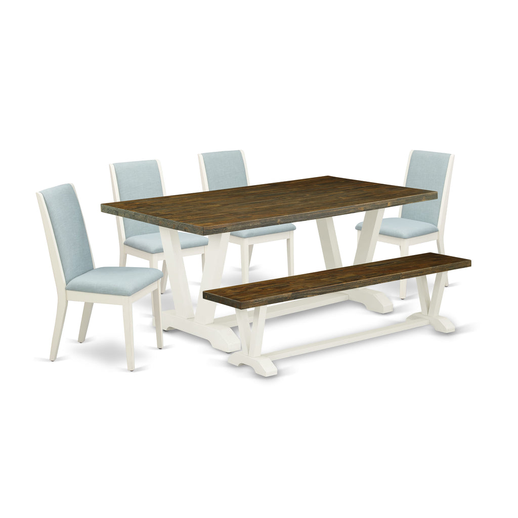 V077LNFNV-2 Stylish 6-Piece Dining Set with V-Leg Table and Baby Blue Linen Chairs, Includes Bench