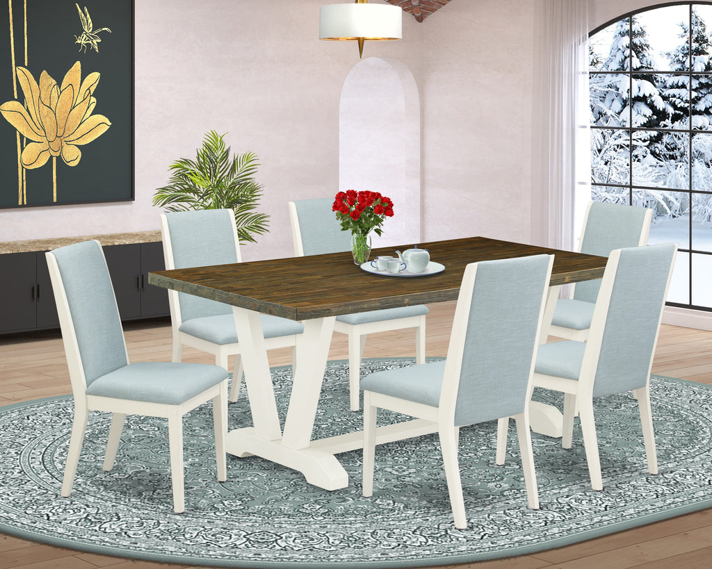 Dining Set V077LFFPT-K The Perfect V-Leg Table with Blue Linen Chairs Pack for Elegant Spaces