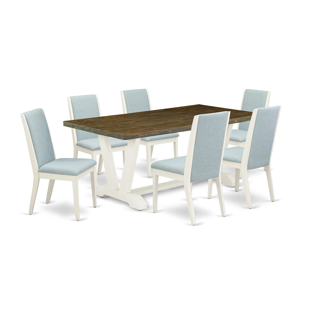 Dining Set V077LFFPT-K The Perfect V-Leg Table with Blue Linen Chairs Pack for Elegant Spaces