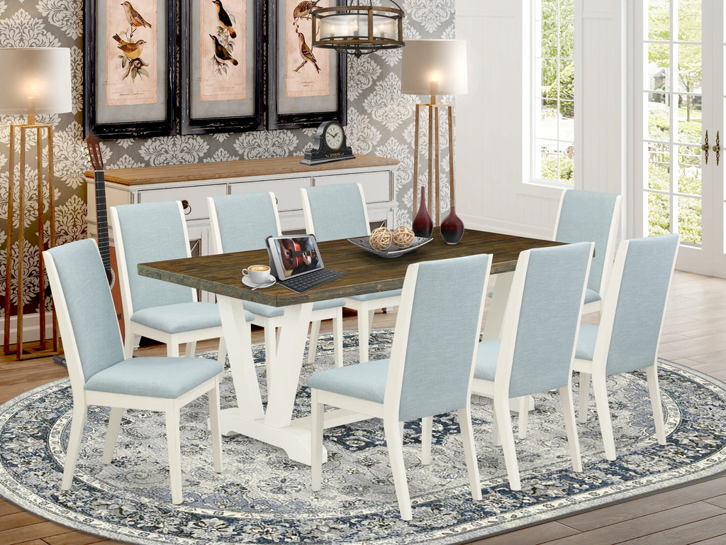 9 Piece Dining Ensemble V077L2547-H with Rectangular Table and Baby Blue Upholstered Chairs
