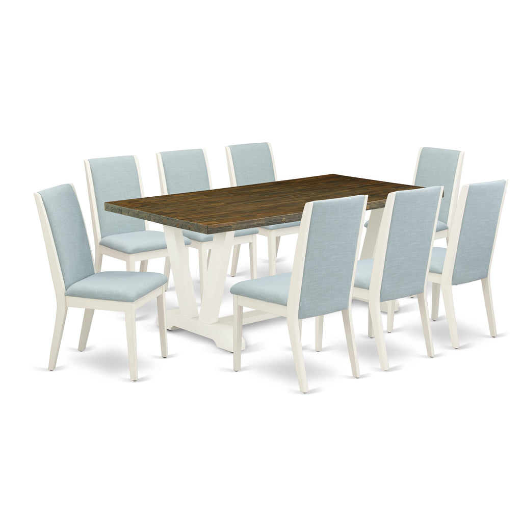 9 Piece Dining Ensemble V077L2547-H with Rectangular Table and Baby Blue Upholstered Chairs