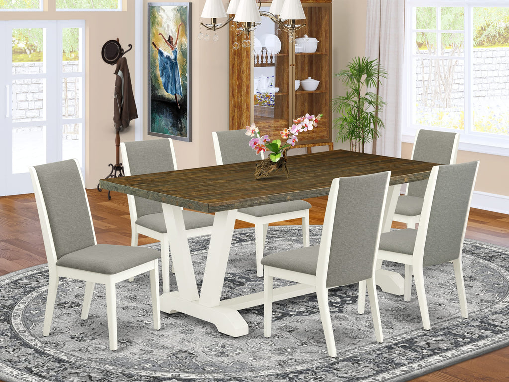 7-Piece Dining Ensemble V077LX713-K with V-Legged Table & Shitake Fabric Seats - Multi-Color Elegance
