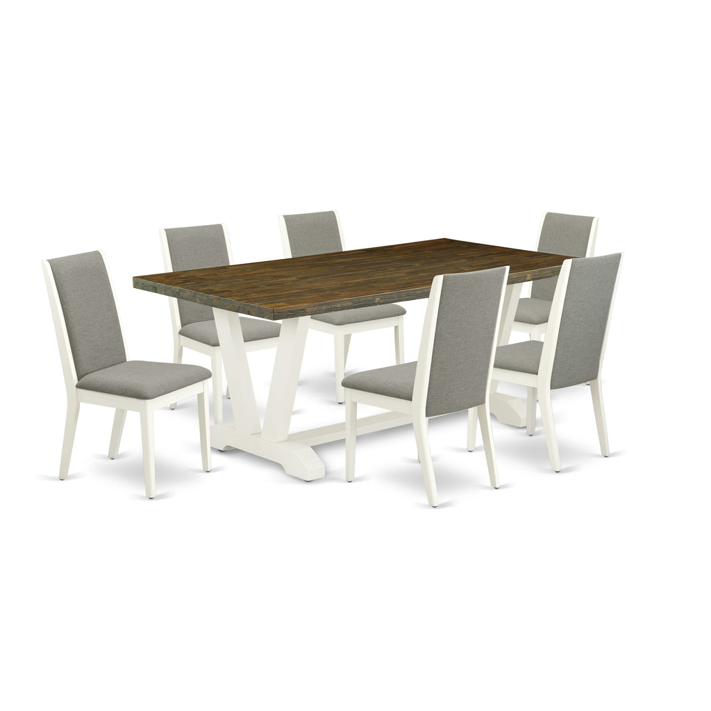 7-Piece Dining Ensemble V077LX713-K with V-Legged Table & Shitake Fabric Seats - Multi-Color Elegance