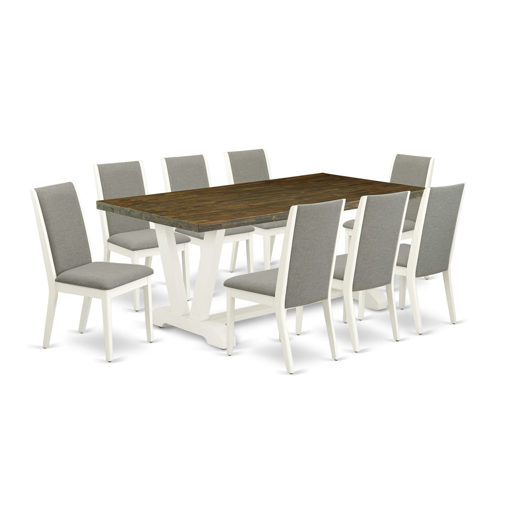 V077LD80E-9 Contemporary 9-Piece Dining Ensemble V-Leg Table & Shitake Linen Upholstered Chairs, 40x72 Multi-Hue