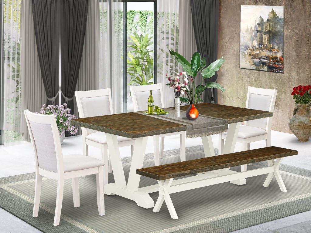 V077MMS4U-L 6-Piece Dining Set Featuring V-Leg Table with Creamy Parson Chairs & Bench, 40x72 Size
