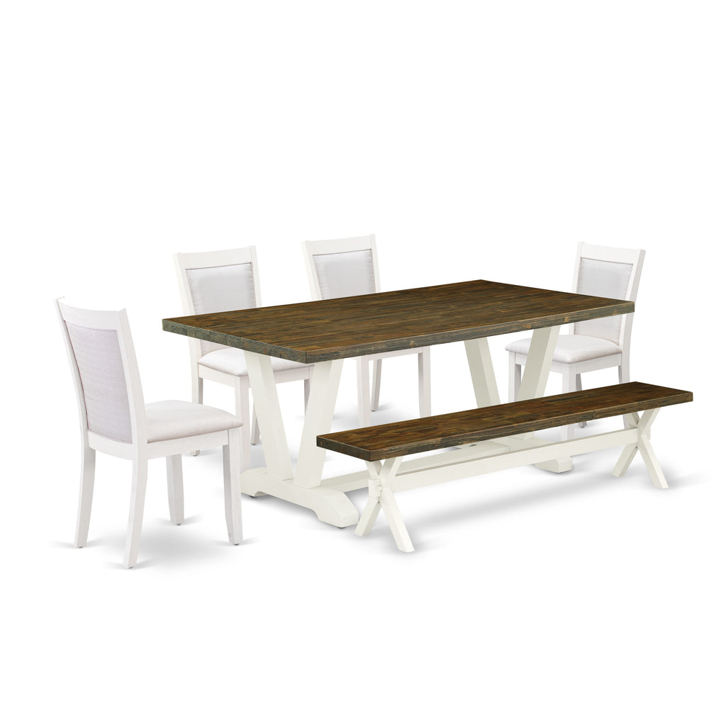 V077MMS4U-L 6-Piece Dining Set Featuring V-Leg Table with Creamy Parson Chairs & Bench, 40x72 Size