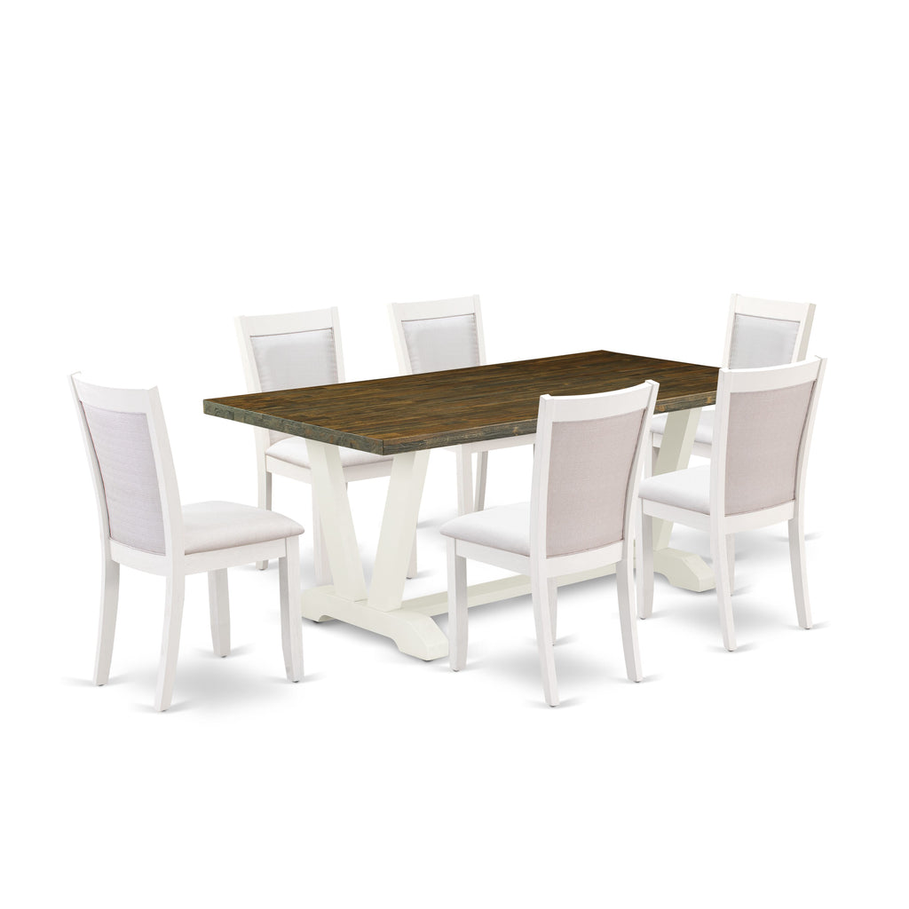 V077MD4M9-N 7-Piece Dining Set Rectangular Table with V-Legs & 6 Cream Parson Chairs, Multi-color 40x72