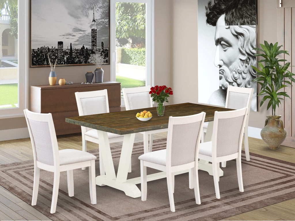 V077MD4M9-N 7-Piece Dining Set Rectangular Table with V-Legs & 6 Cream Parson Chairs, Multi-color 40x72