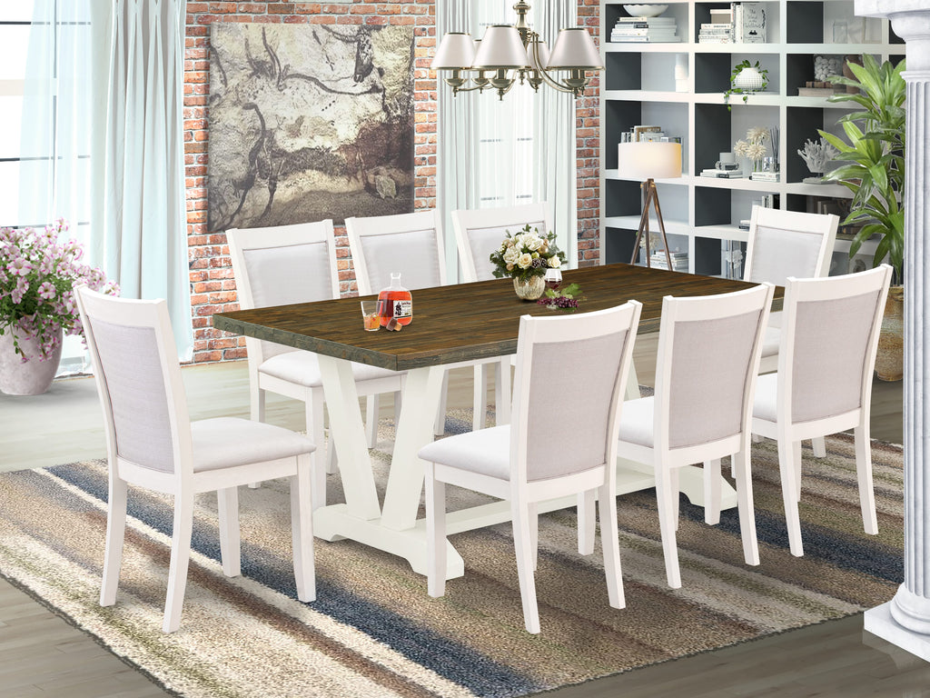 V077MJ5Y7-I 9-Piece Dining Ensemble with Rectangular Wood Table and Cream Linen Chairs, 40x72
