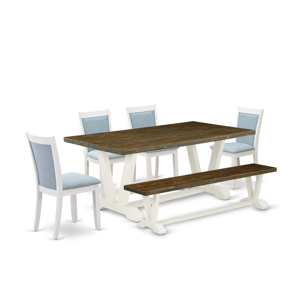 V077MOTP9-Q 6 Piece Set Dining Table with Modern V-Legs and Seating Ensemble in Baby Blue & Multi hues